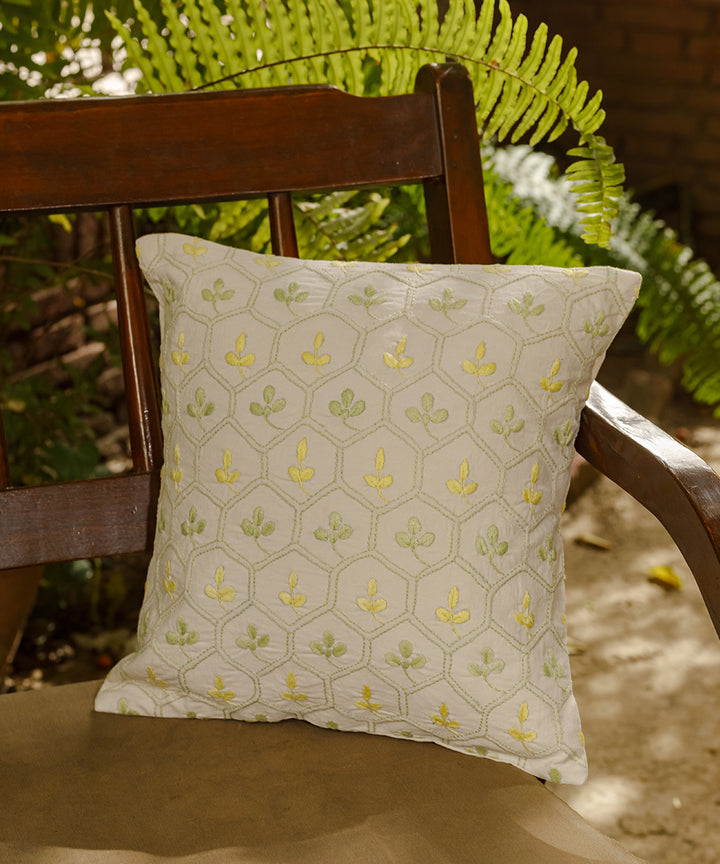 Off white handcrafted honeycomb chikankari cotton cushion cover