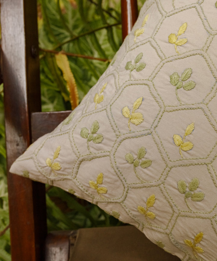 Off white handcrafted honeycomb chikankari cotton cushion cover