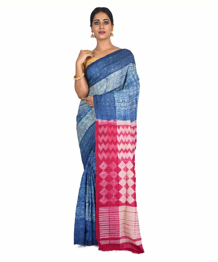 Blue and pink shibori handwoven tussar silk saree