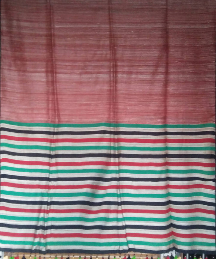 Khakhi brown and red handwoven silk bengal saree