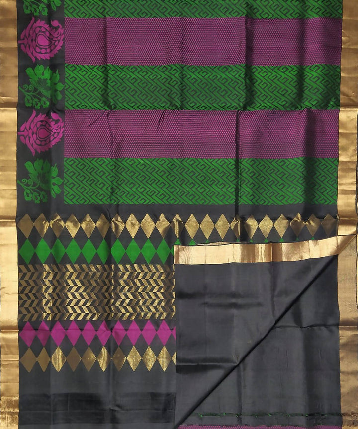 Black with green and purple handloom soft silk saree