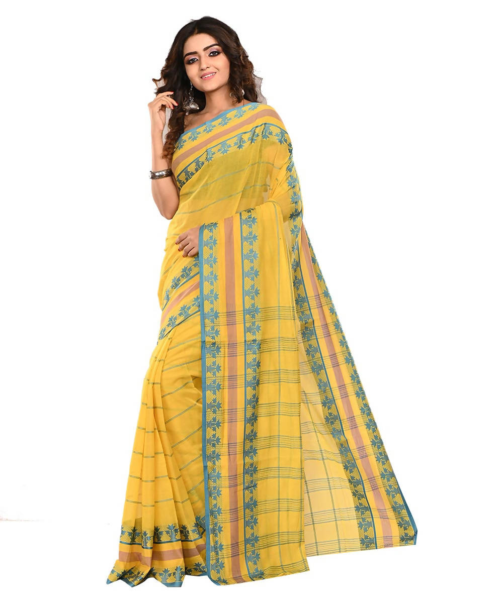 Yellow and Blue Bengal Handloom Cotton Saree