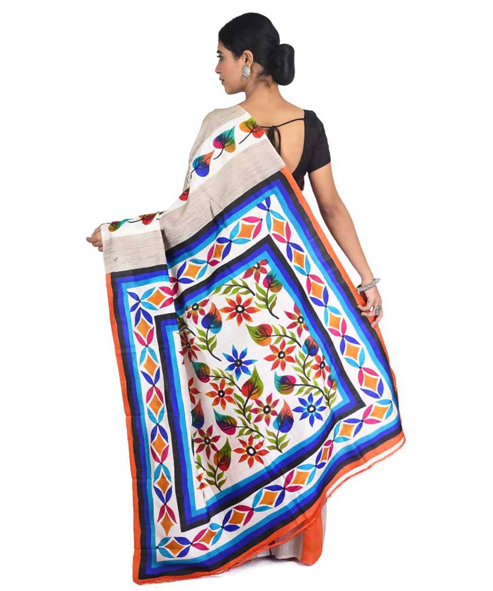 Multicolor hand painted handwoven silk with tussar ketia stripe saree