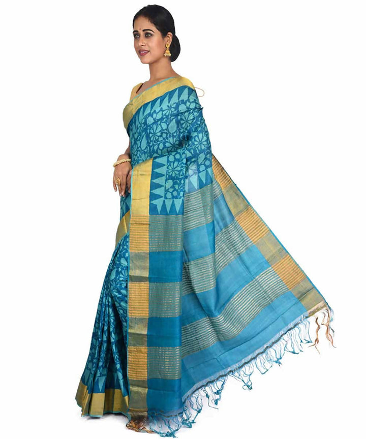 Blue hand block printed handwoven mulberry and tussar silk saree