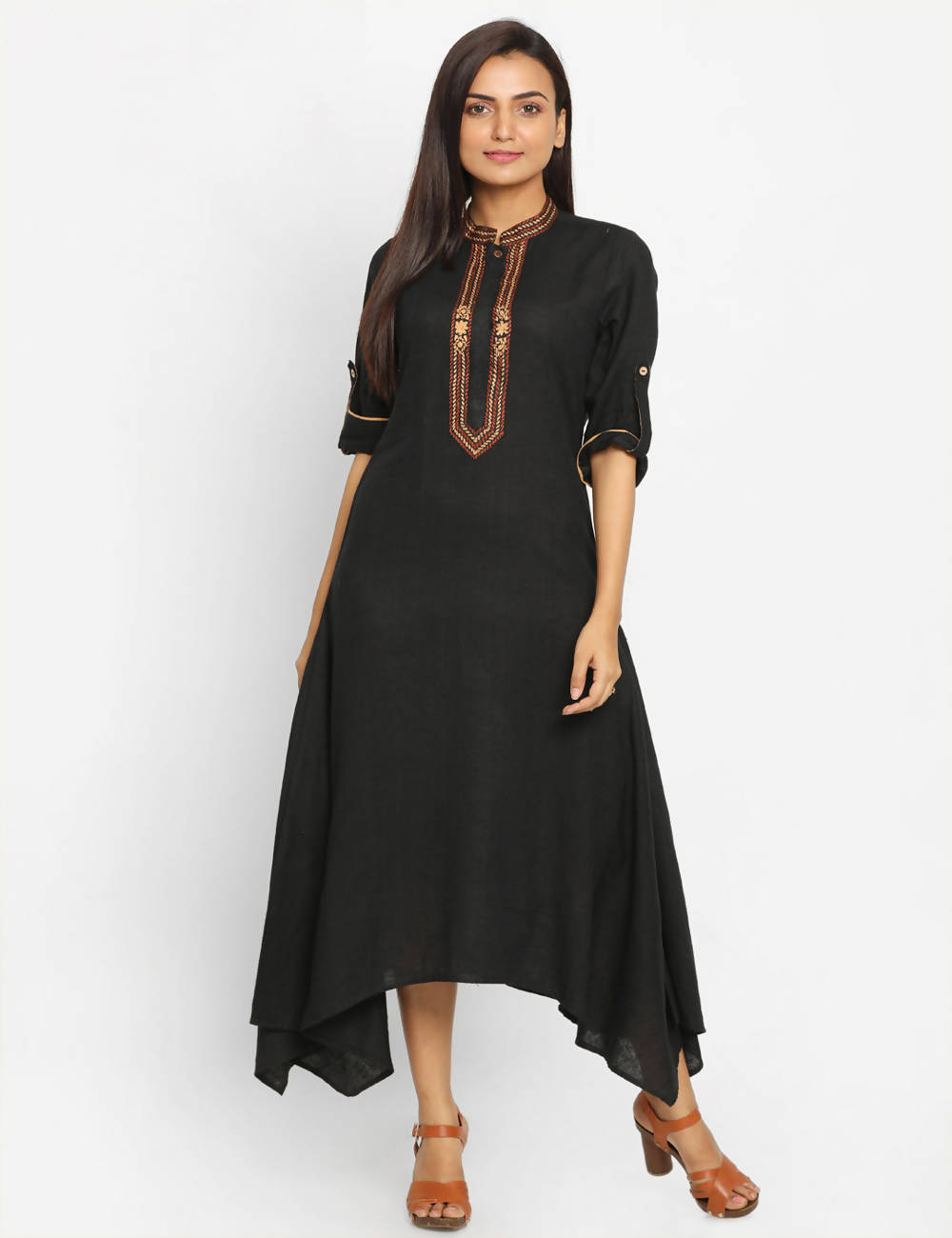 black Handloom Cotton Kurta Dress