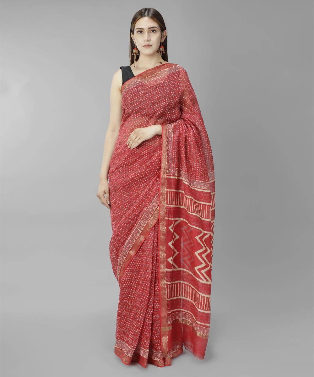 Red bagru handblock printed linen saree
