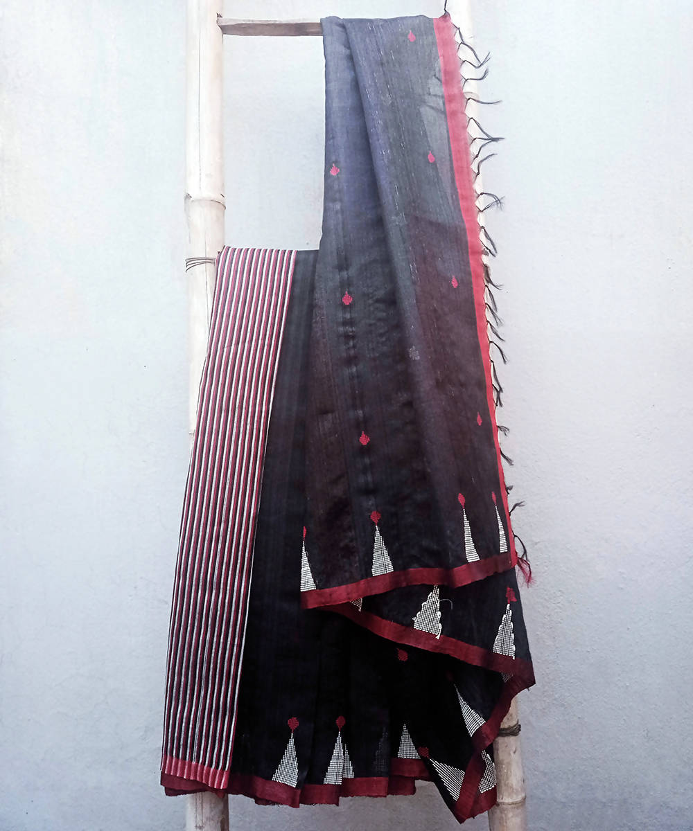 Black white handwoven extra weft tussar silk saree