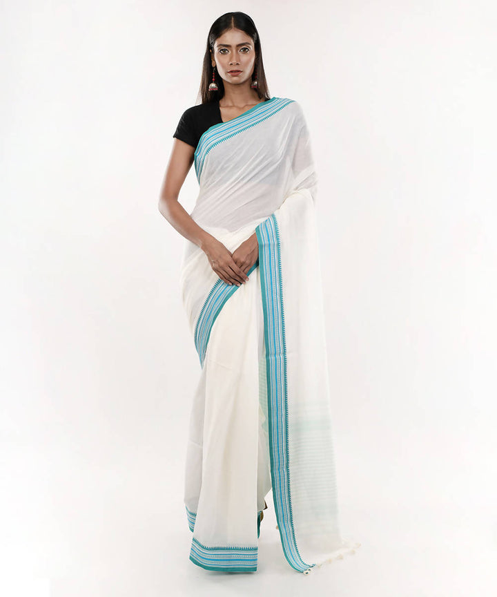 White and cyan handloom tangail bengal cotton saree