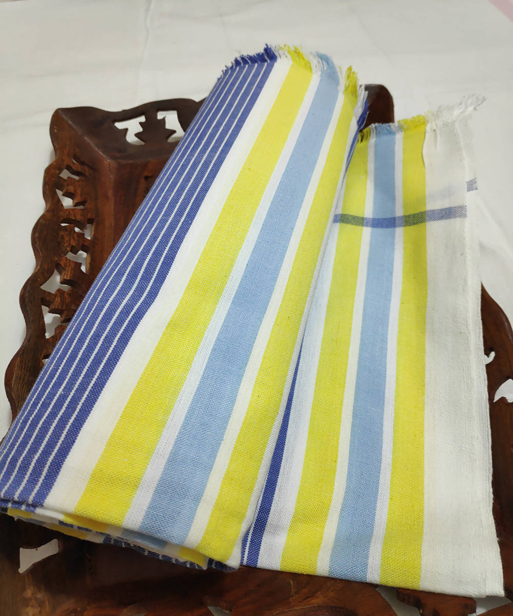 Blue yellow and white stripes handwoven cotton towel