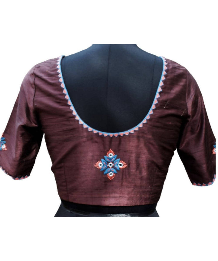 Brown raw silk blouse with embroidery banjara motifs
