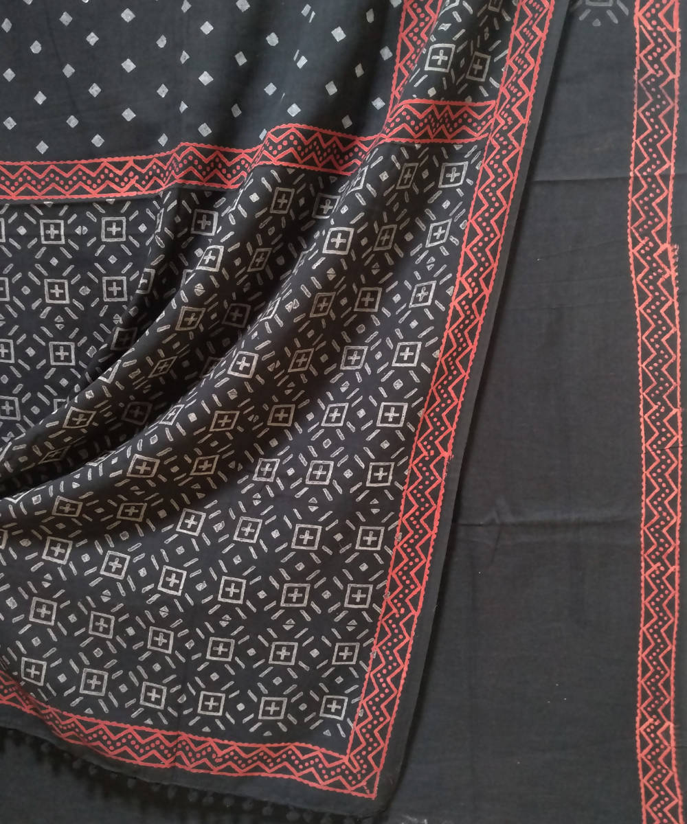 handblock print black grey mul cotton saree