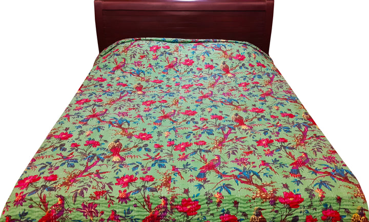 Green kantha work double layered cotton bedcover (Single Bed)