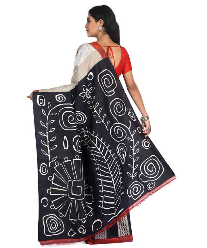 Beige black handloom silk with tussar ketia stripe saree
