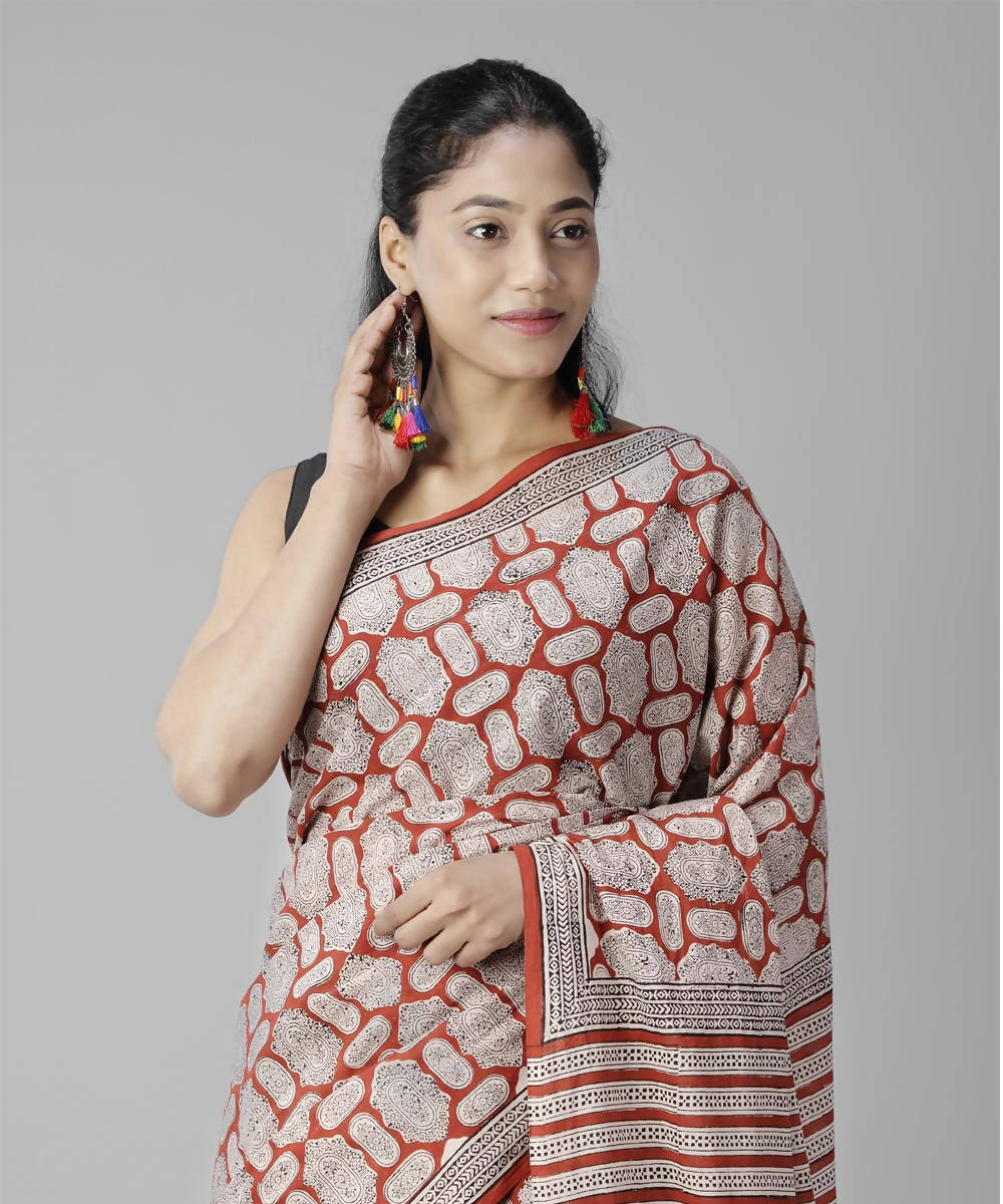 Red bagru handblock printed cotton saree