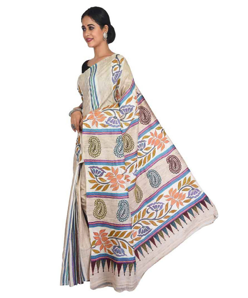 Off white and beige bengal hand embroidery tussar silk saree