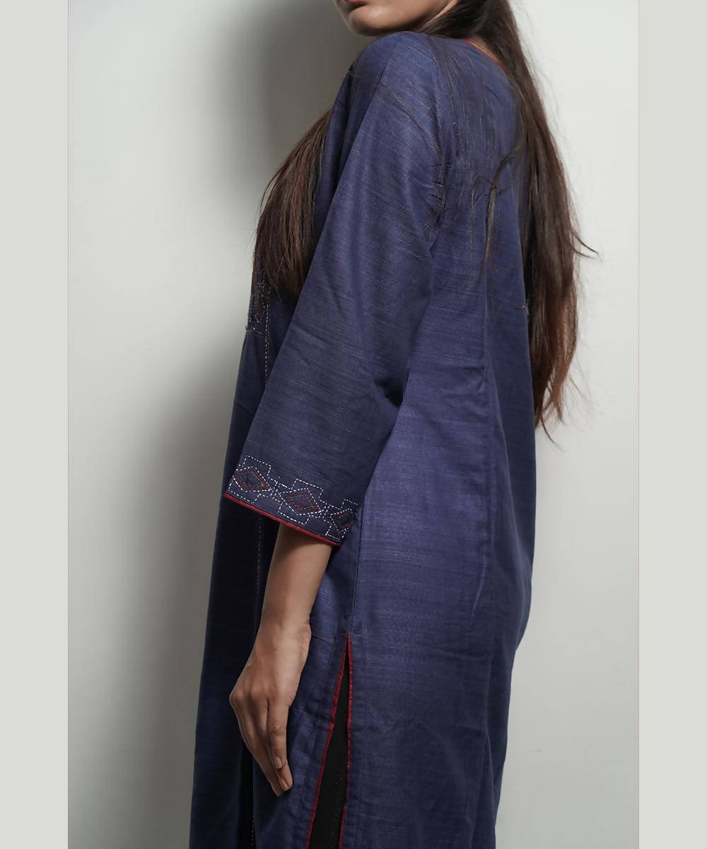 Indigo full length sleeves kantha work silk kurti