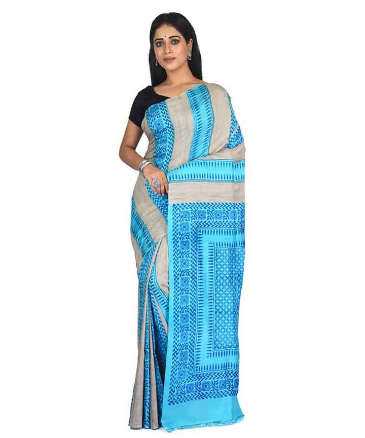 Blue block print handloom mulberry silk with tussar ketia stripe saree