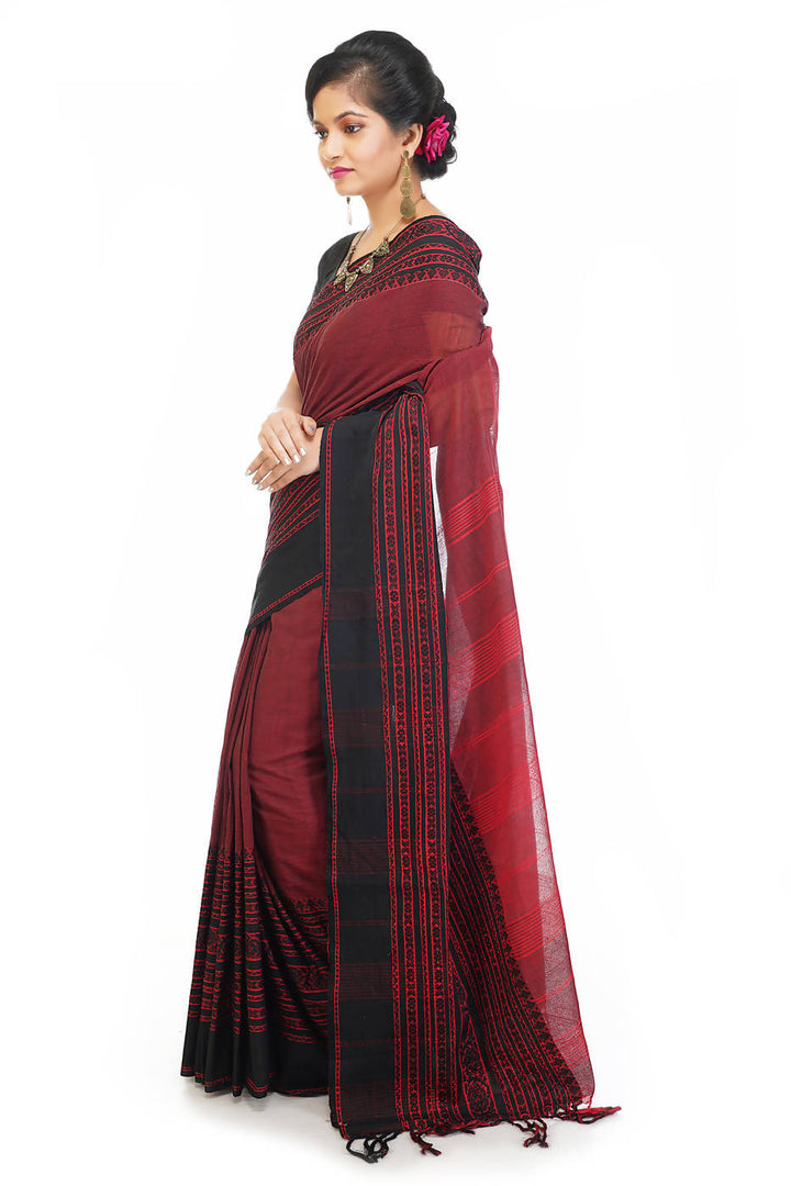 Handloom bengal maroon and black cotton saree