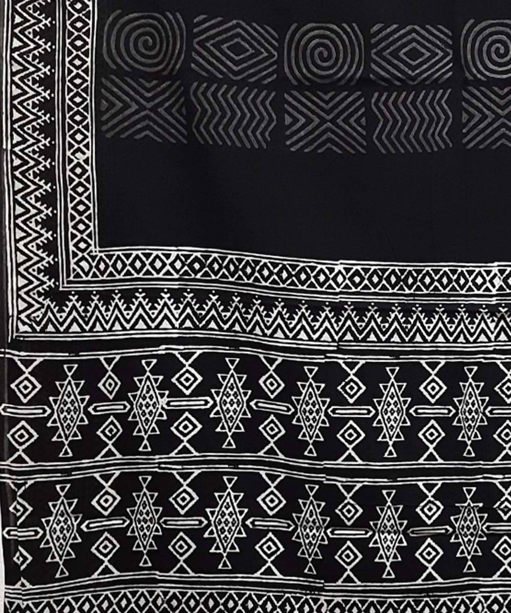 Black white hand block printed cotton saree