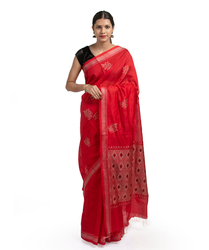 Red handwoven floral motif kosa tussar silk saree