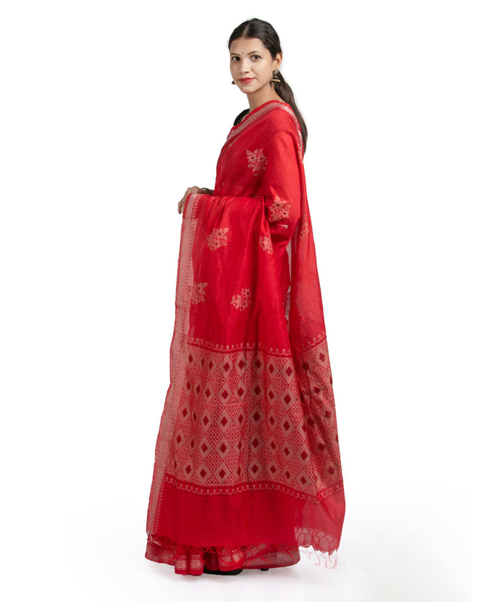 Red handwoven floral motif kosa tussar silk saree