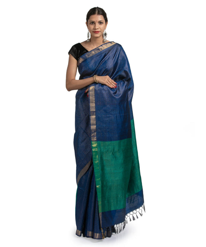 Blue handwoven geometric motif kosa tussar silk saree