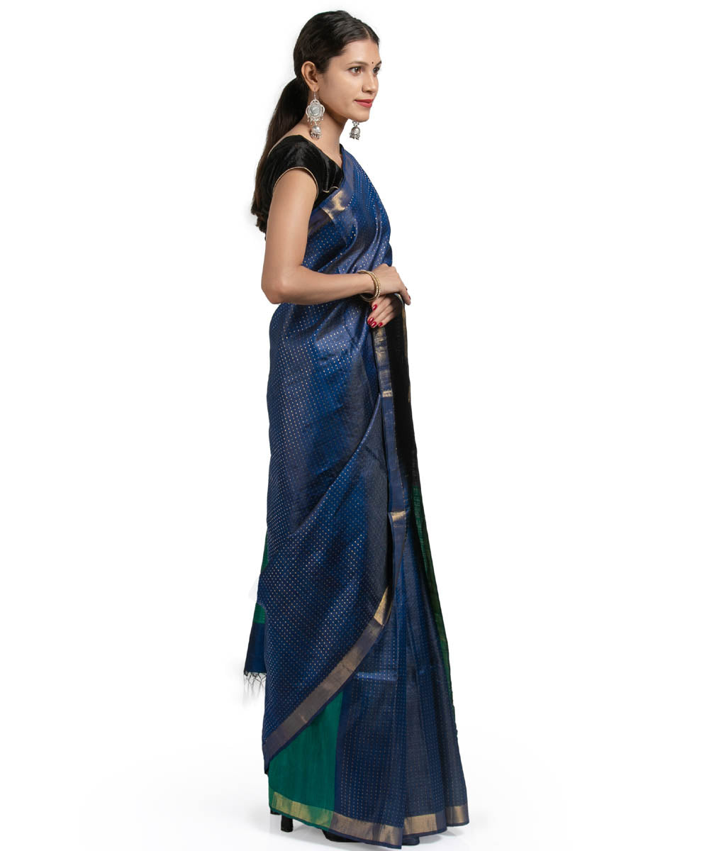 Blue handwoven geometric motif kosa tussar silk saree