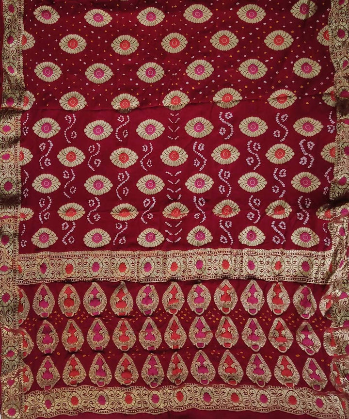 Maroon Handprinted tie dye Bandhani Saree