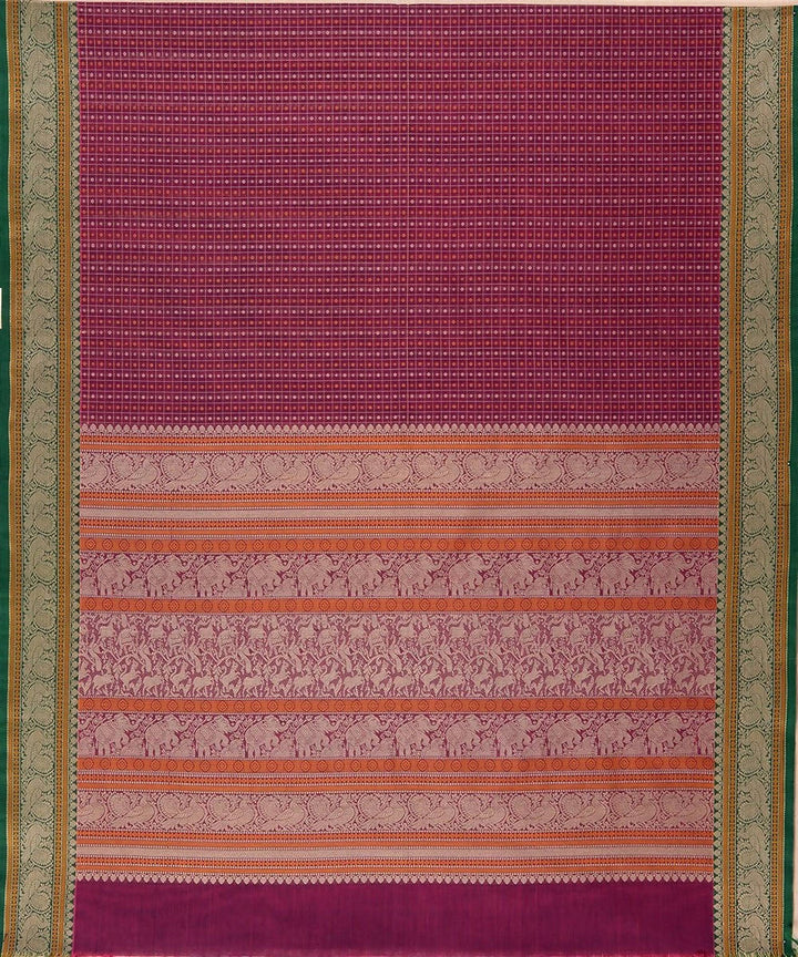 Purple handloom kanchi cotton lakshadeepam saree green lace border