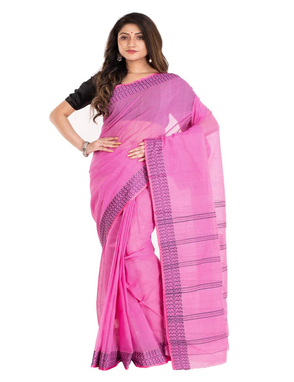 Light pink bengal dhaniakali cotton handloom saree