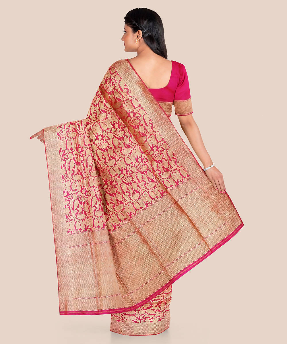 Red and beige handloom silk shikargah katan banarasi saree