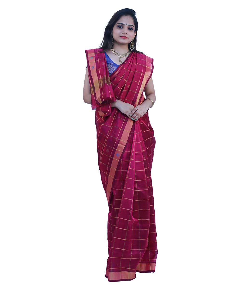 Pink with zari checks venkatagiri handloom cotton saree