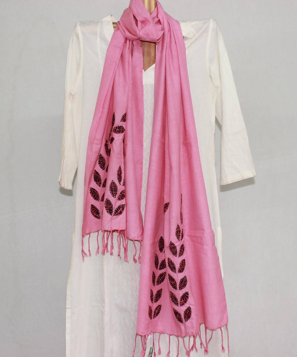 Pink with hand crafted leaf motif cotton stole