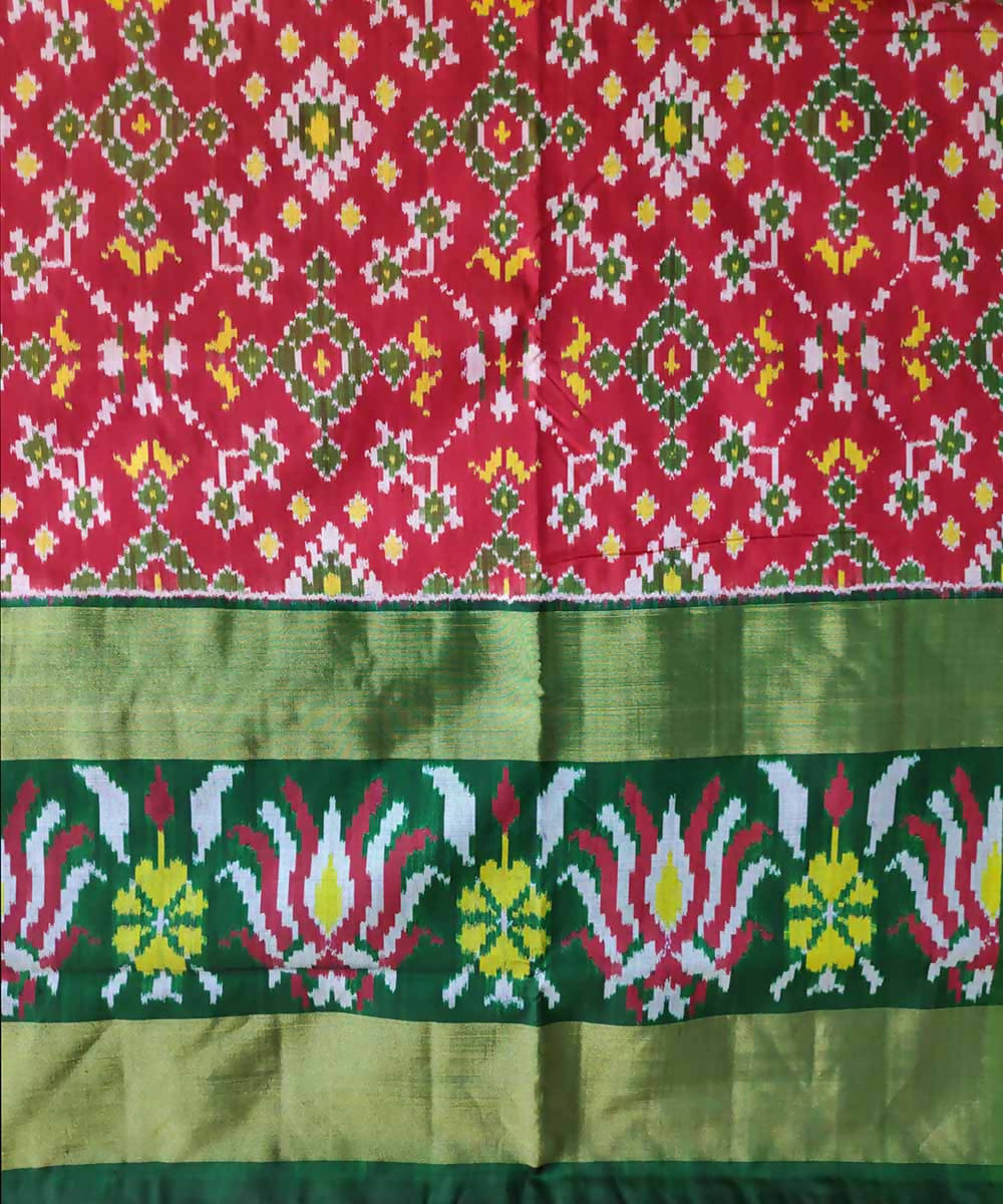 Crimson red dark green handloom silk pochampally ikat saree