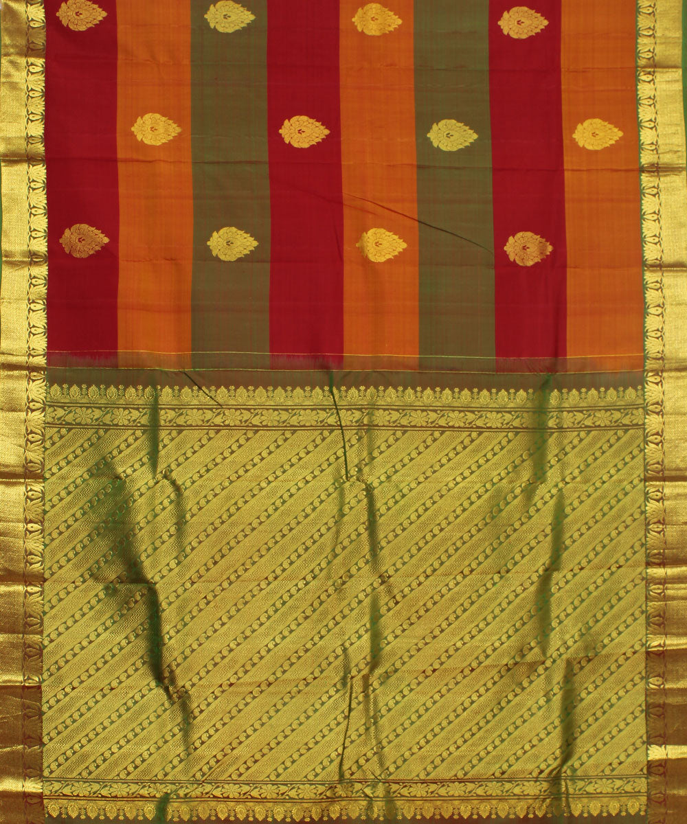 Handwoven Red, Orange and Green Silk Saree