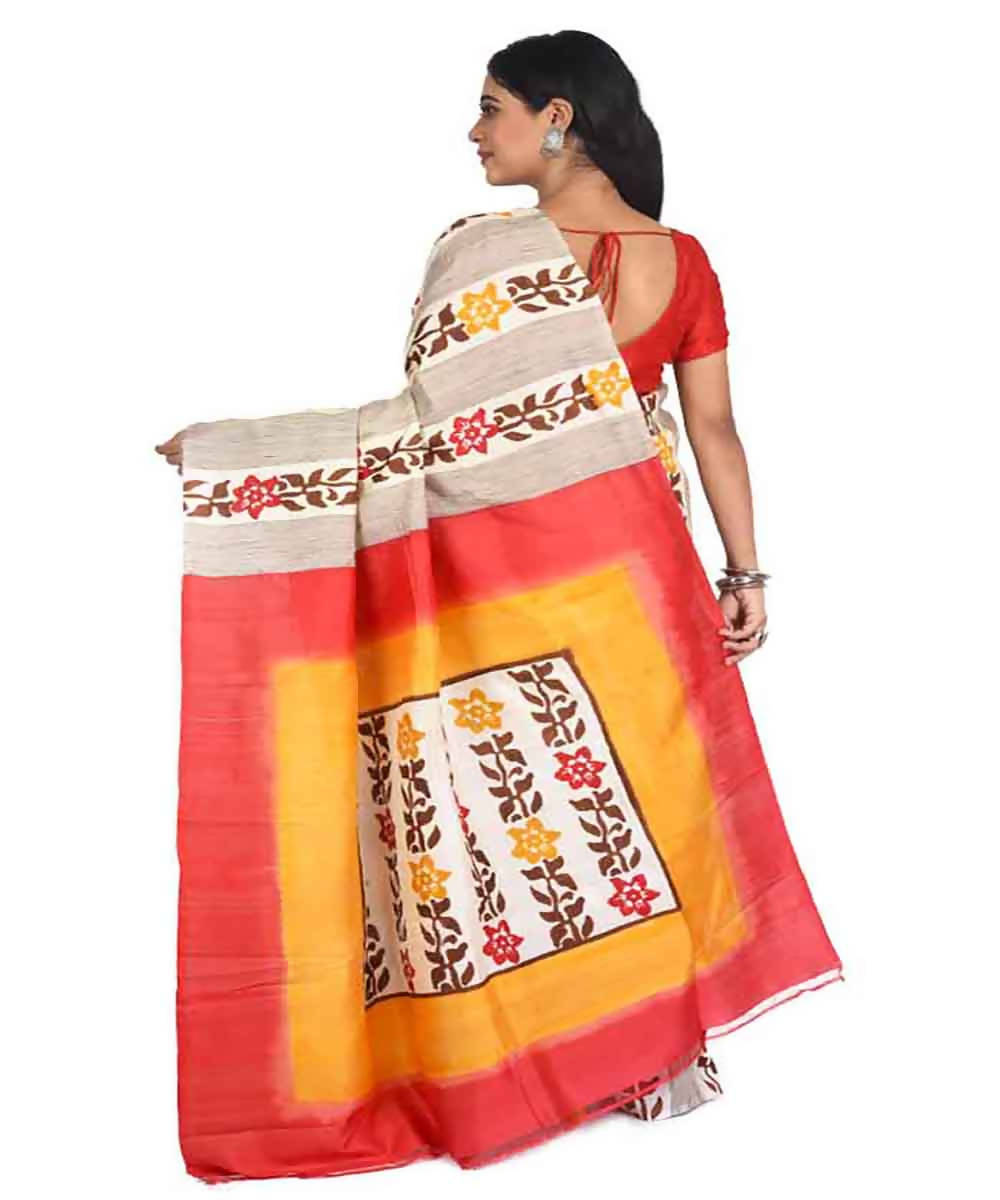 Beige floral handloom silk with tussar ketia stripe saree