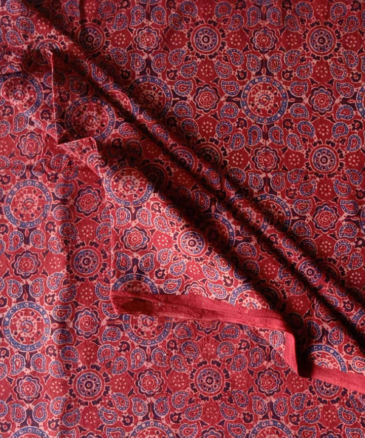 Red black blue natural dye ajrakh print handspun cotton fabric