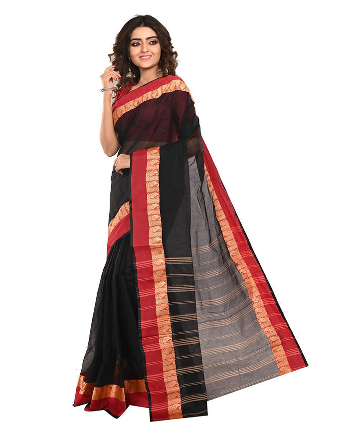 Black Red Bengal Handloom Cotton Saree