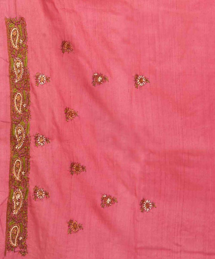 Peach pink bengal hand embroidery tussar silk saree