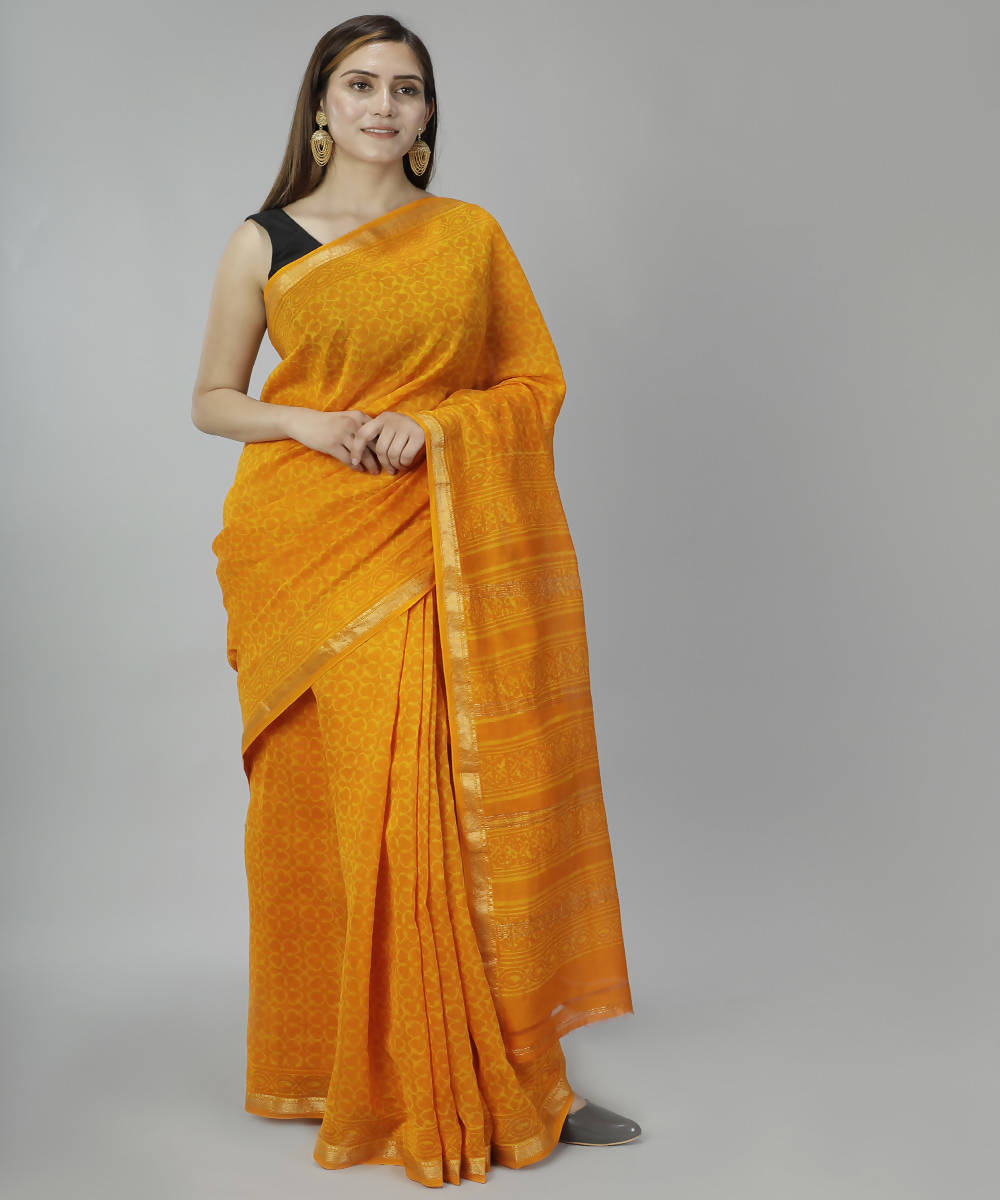 Orange yellow bagru handblock printed cotton silk saree