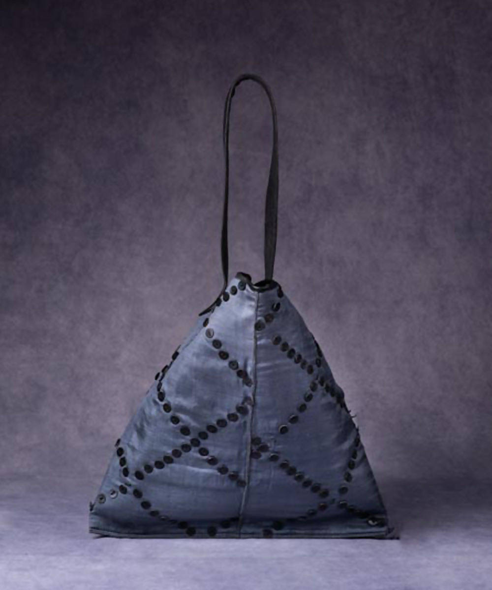 Grey handmade silk triangle bag with leather buttons and handle