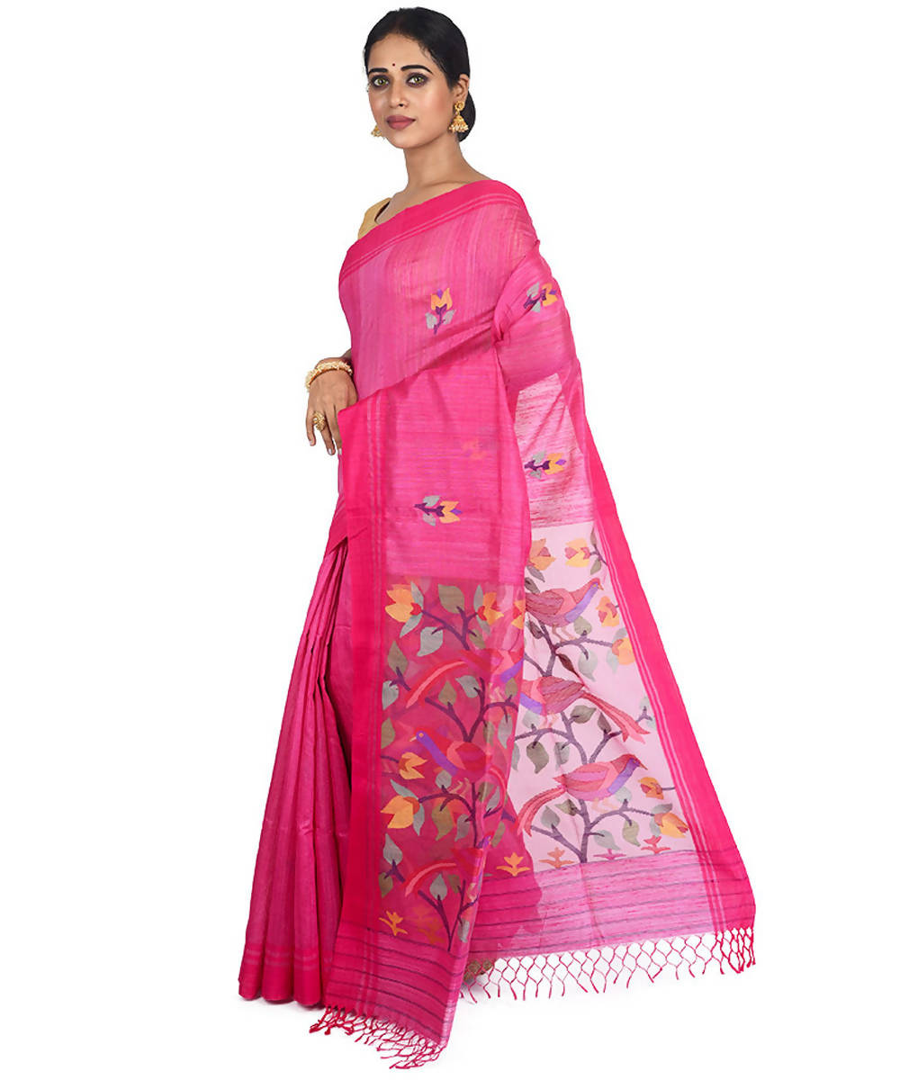 Pink bengal handloom mulberry silk jamdani saree