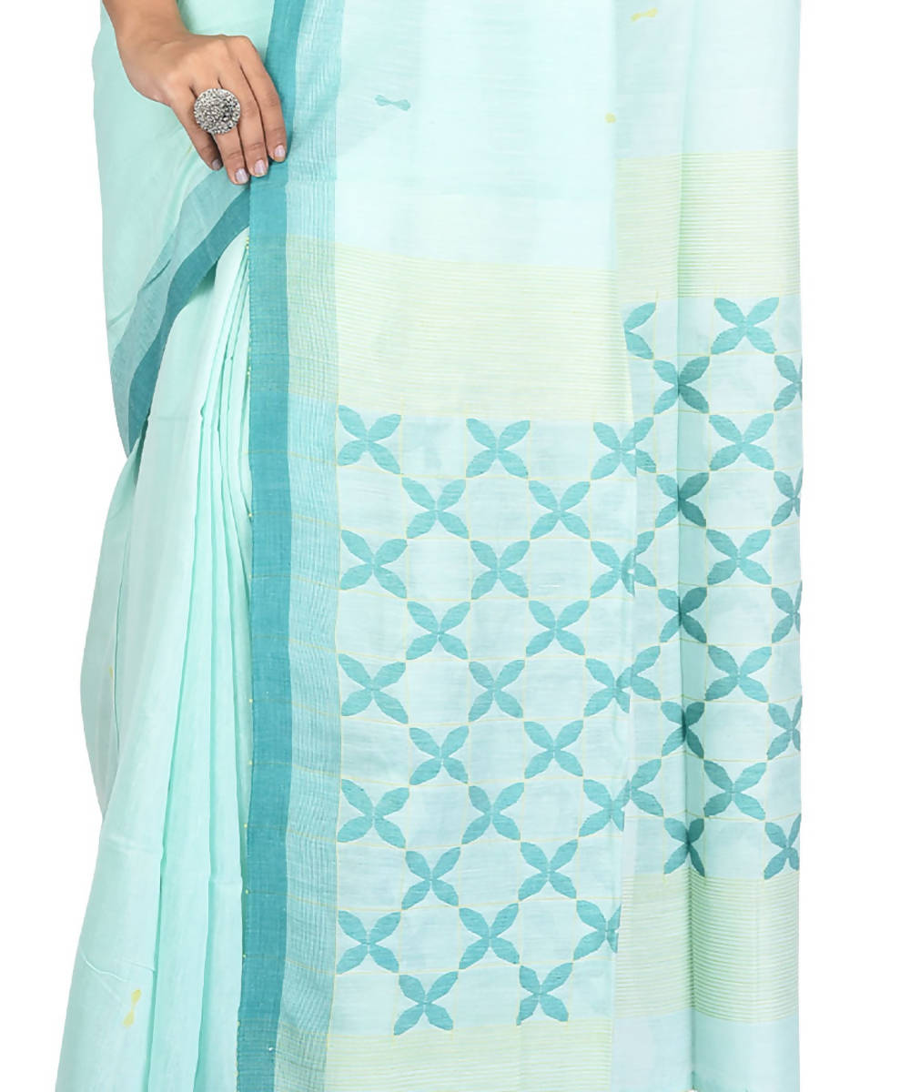 Light green and white handwoven bengal cotton silk saree