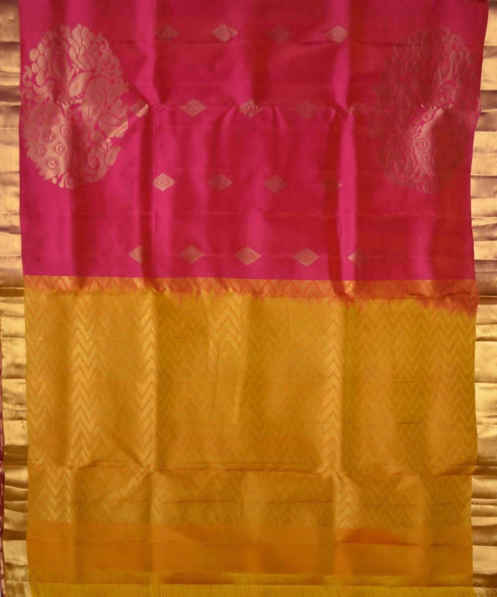 Rani Pink Yellow Handloom Soft Silk Saree