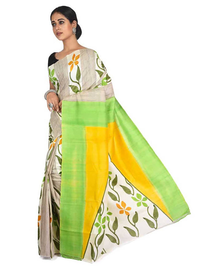 Beige green hand painted handwoven silk with tussar ketia stripe saree