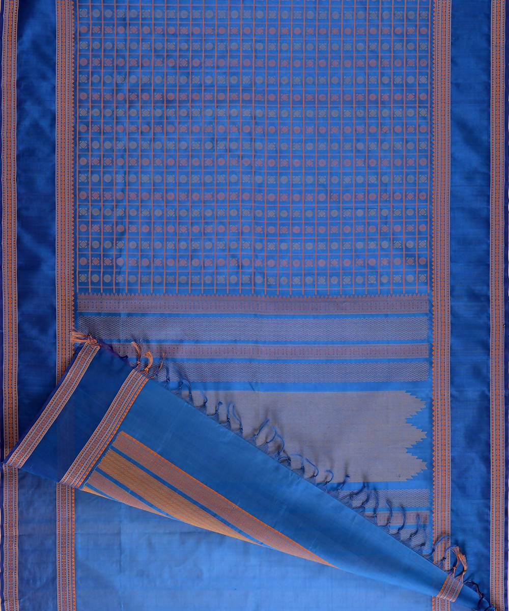 Peacock blue Kanjivaram silk cotton thread work checks butta saree