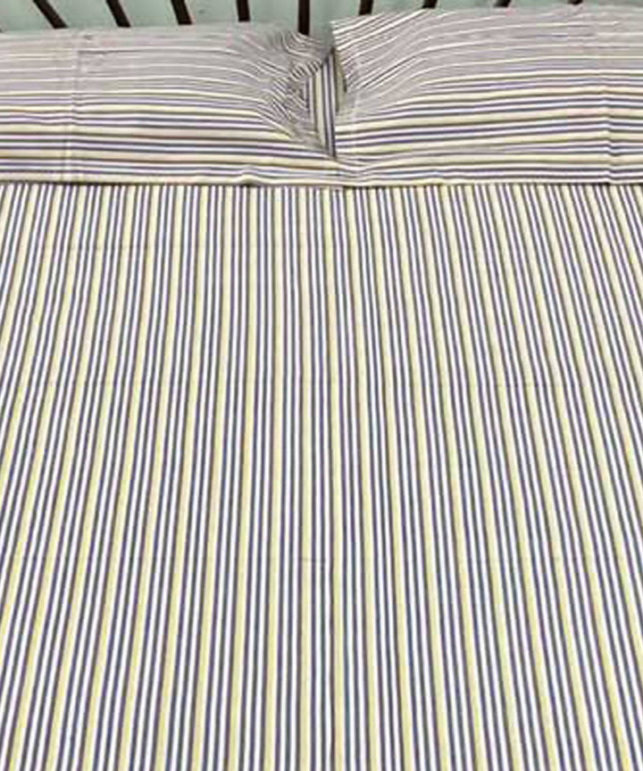 White yellow and purple handwoven cotton striped bedsheet with pillow cover