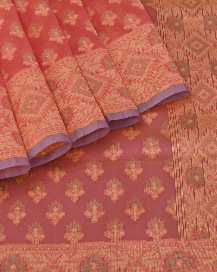 Red handwoven banarasi saree in cotton silk with woven thread work