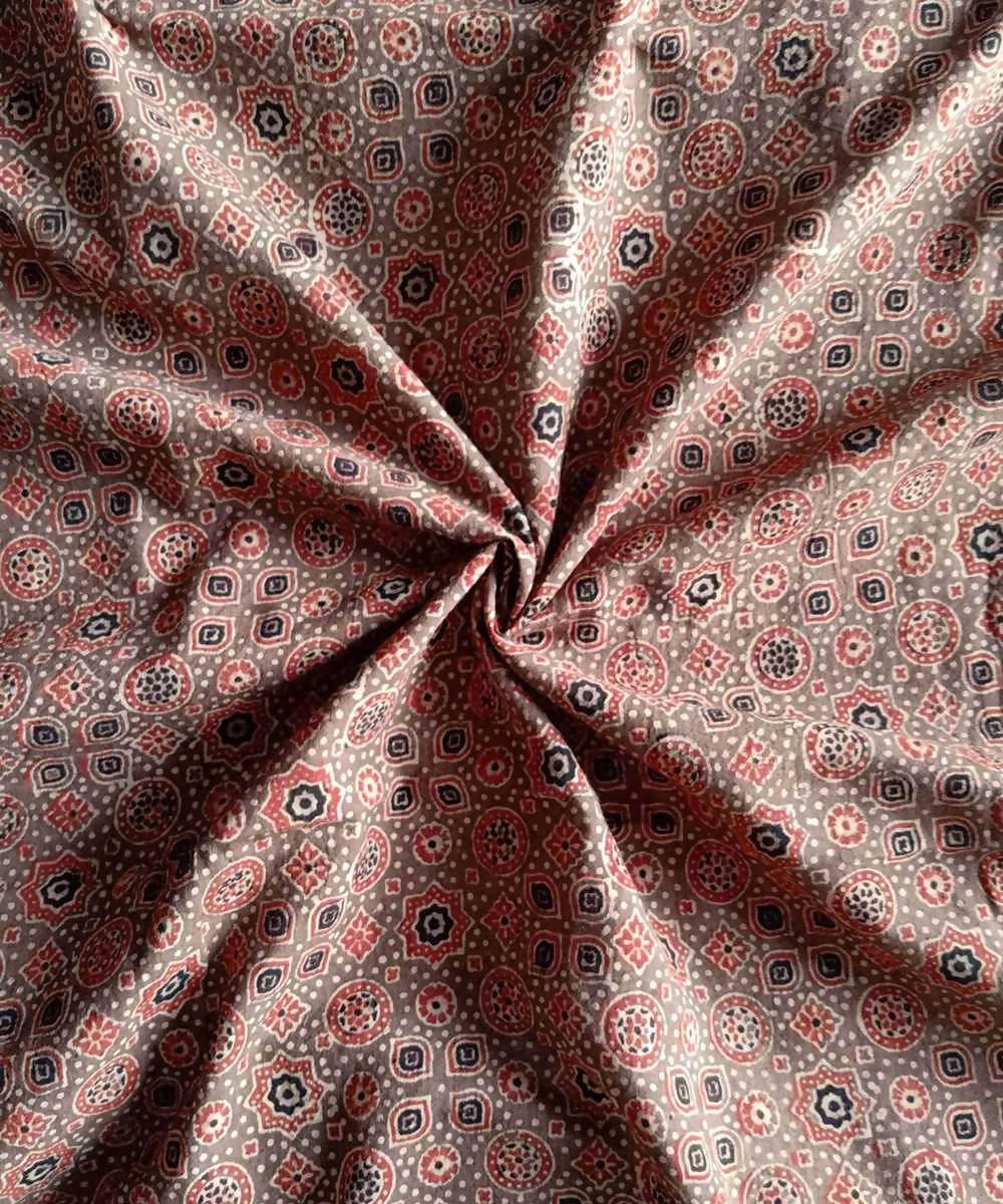 Light brown natural dye ajrakh block print handloom cotton fabric (2.5m per qty)