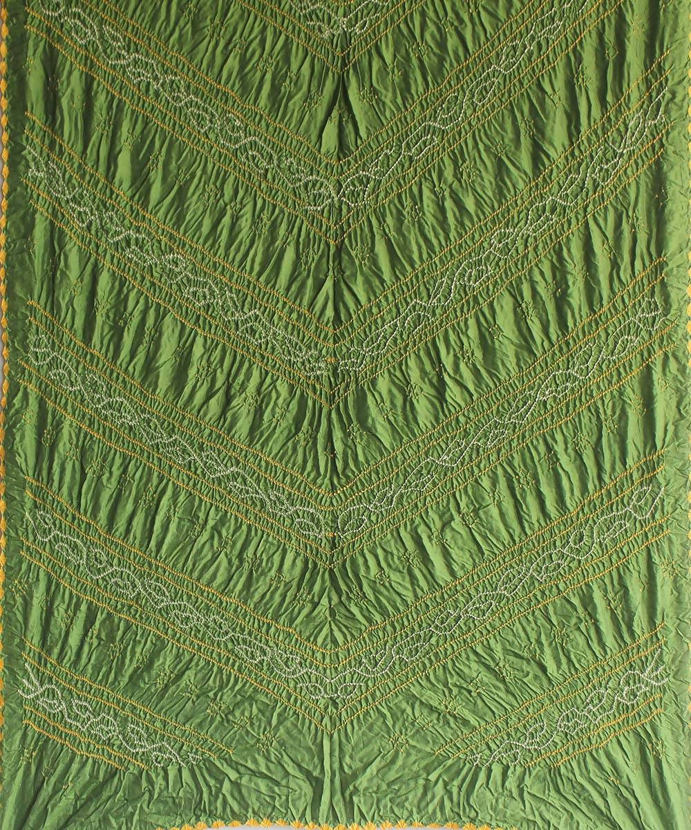 green Yellow Bandhani tie dye muga and tussar silk dupatta